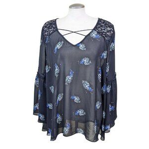 Womens Plus Size 22 Sheer Blouse Top Black Blue Bell Sleeve Lace Cross Front